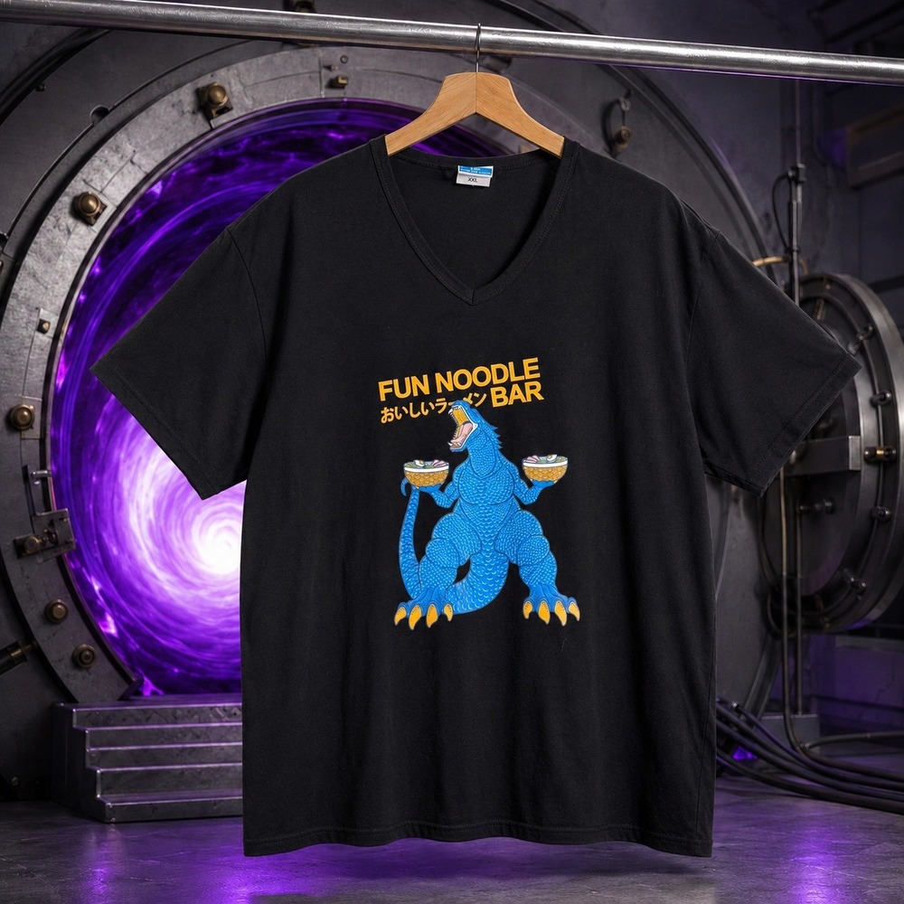Fun Noodle Bar Kaiju Graphic V-Neck Tee Black XXL Streetwear Ramen Godzilla